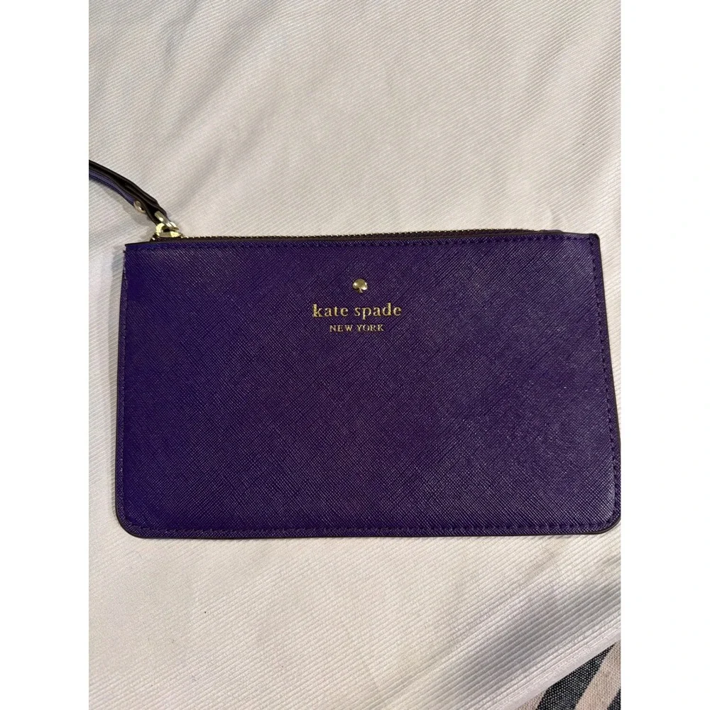 Kate Spade Purple Saffiano Leather Wristlet Pouch Gold Logo Zip Top Small Clutch